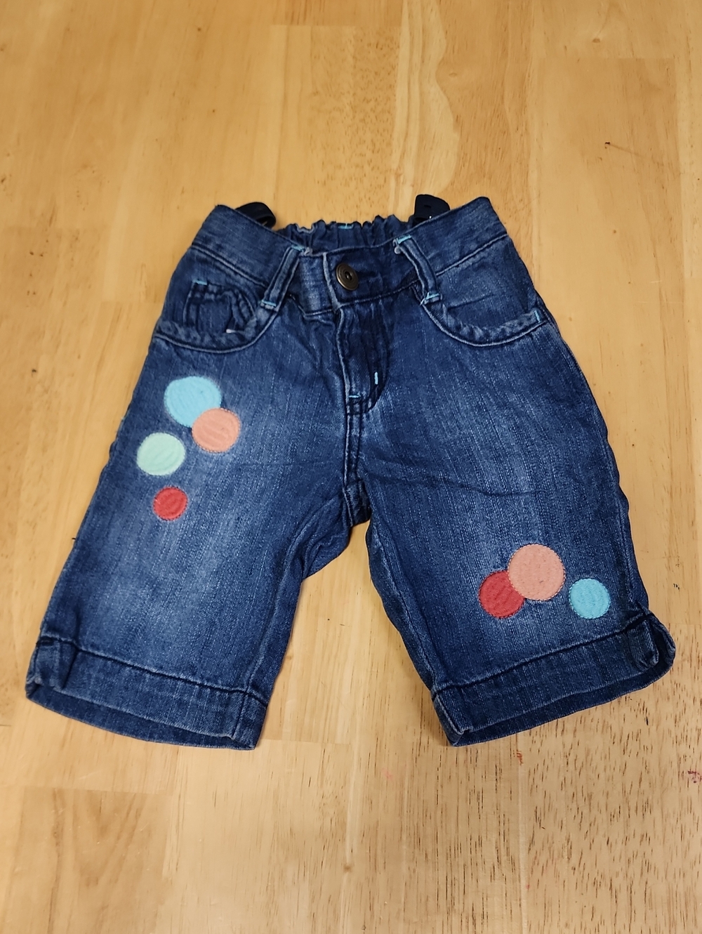 Crazy 8 Girls Dark Wash Denim Shorts Size 4 Polka Dot Appliqué Adjustable Waist - Picture 1 of 9